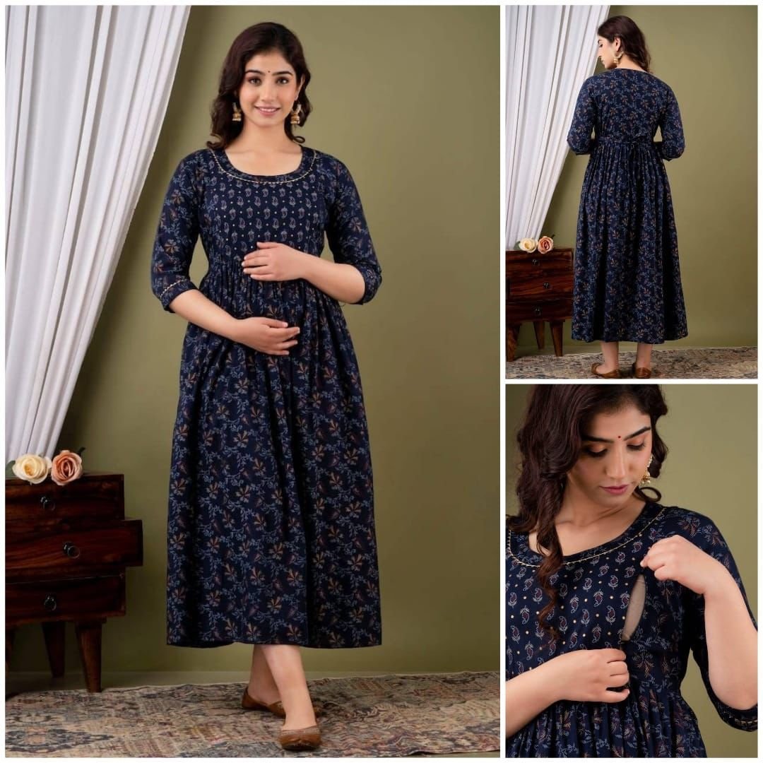 Pure Cotton Feeding Top Maxi Dress for New Mom | Zip Nursing-Dark Navy Blue